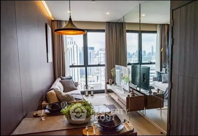 Modern living room with city view, stylish decor, and large windows in urban apartment.