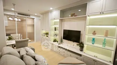 Elegant living room with built-in shelves and modern decor