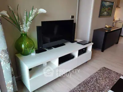 Modern living room with sleek TV stand and elegant decor