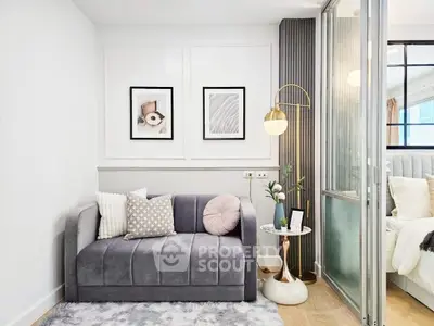 Stylish modern living room with plush gray sofa and elegant decor