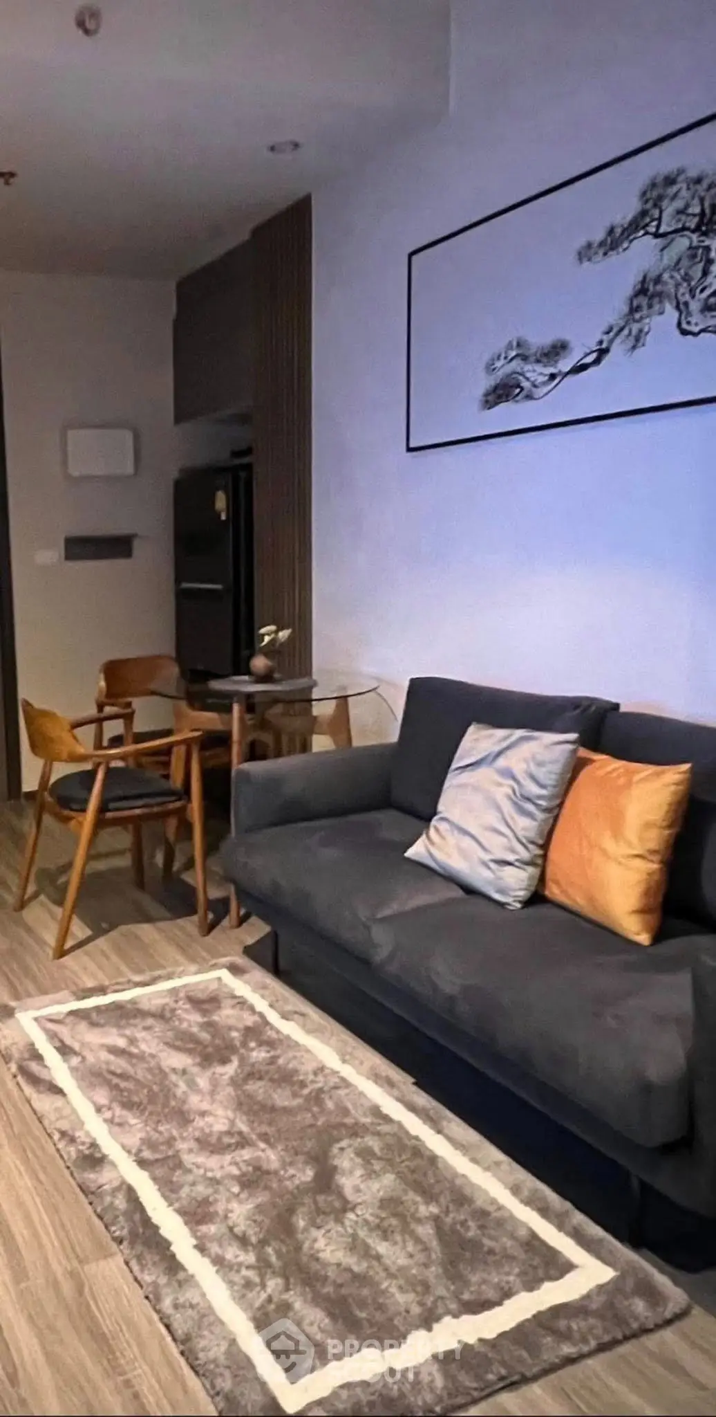 Modern living room with stylish decor and cozy seating area