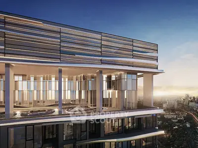 Stunning modern high-rise building with panoramic city views at sunset.