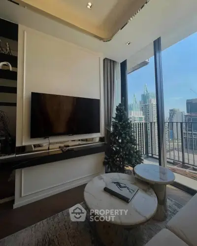 Luxurious living room with modern decor and stunning city view from balcony.