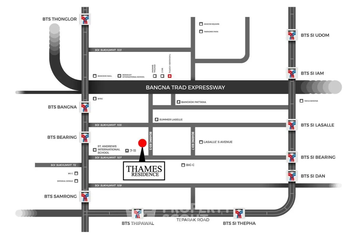 Map showing location of Thames Residence near Bangna Trad Expressway and BTS stations.