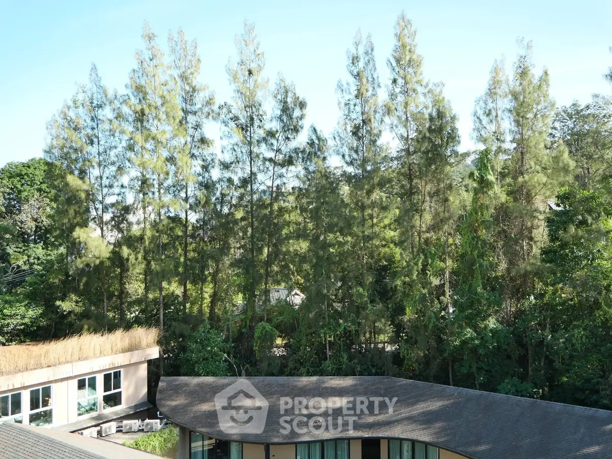 Stunning view of lush greenery from a modern building rooftop, perfect for nature lovers.