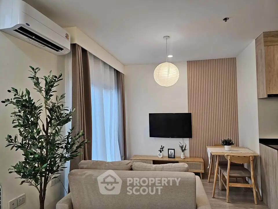 Modern living room with cozy seating and stylish decor