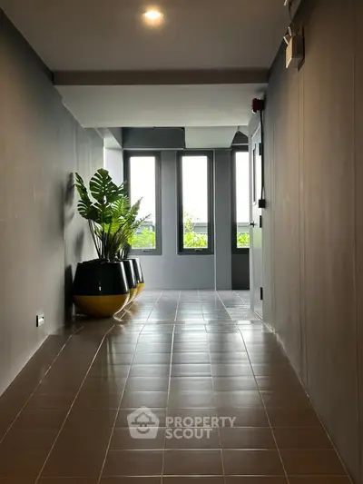 Modern hallway with large windows and potted plant, offering natural light and sleek design.