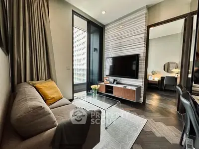 Modern living room with sleek design and large windows in urban apartment