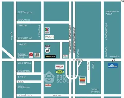 Map showing locations of shopping centers and transit stations near Bangkok.
