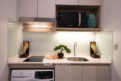 Modern compact kitchen with sleek appliances and stylish decor