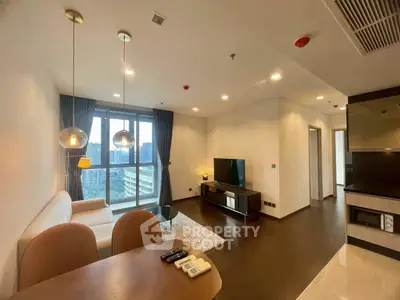 Modern living room with city view and stylish furnishings