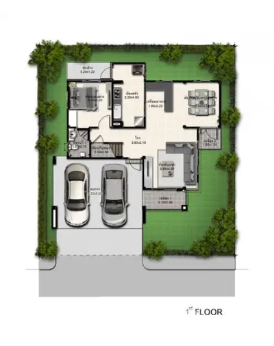 First floor plan showcasing modern layout with two-car garage and lush garden area.