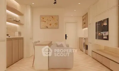 Modern living room with elegant decor and built-in storage, featuring a cozy sofa and stylish lighting.