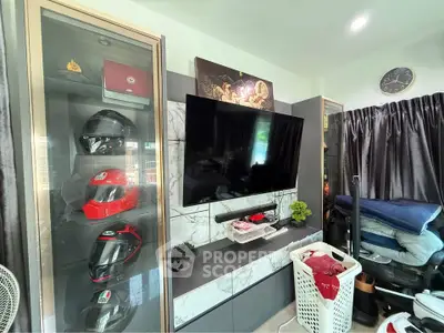 Modern living room with TV, helmet display, and stylish decor
