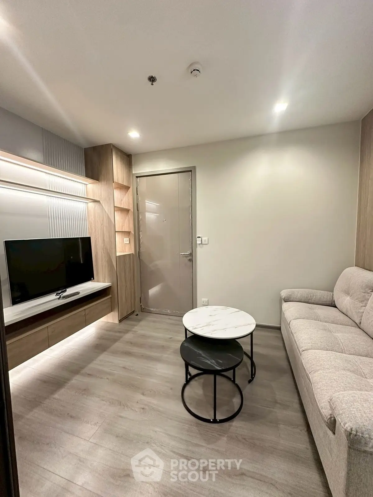 Modern living room with sleek design, cozy sofa, and stylish TV setup