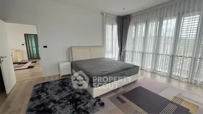 Spacious modern bedroom with large windows and stylish decor