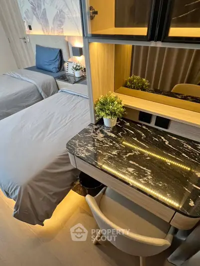 Modern bedroom with stylish decor and elegant marble desk