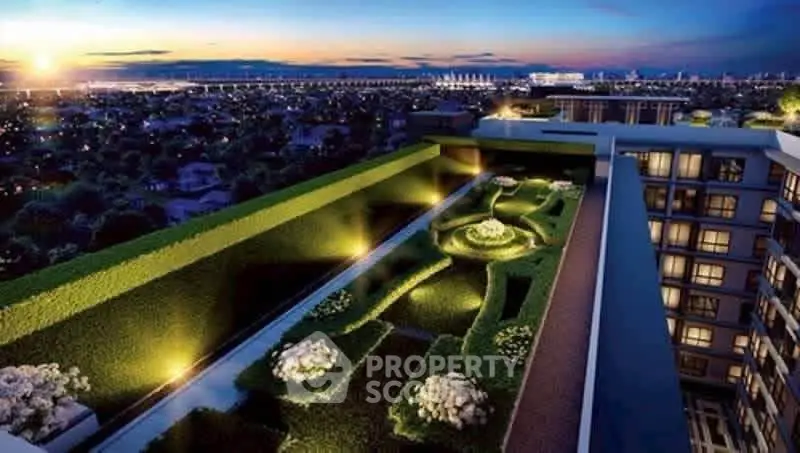 Stunning rooftop garden with panoramic city views at sunset, perfect for relaxation and entertainment.