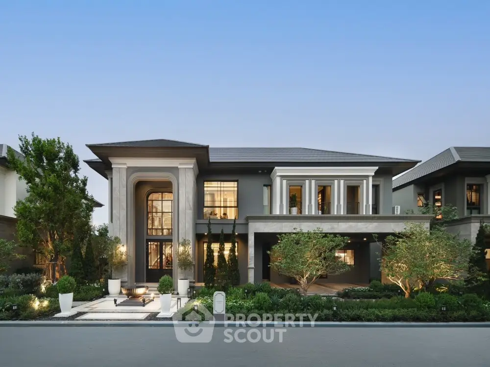 Luxurious modern mansion with elegant facade and lush landscaping