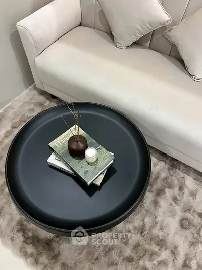Elegant living room with plush sofa and stylish round coffee table on a luxurious rug.
