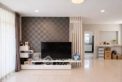 Modern living room with sleek TV setup and stylish decor