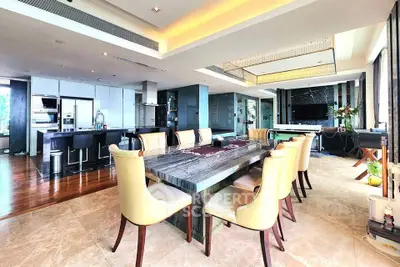 Luxurious open-plan living and dining area with modern kitchen and elegant decor
