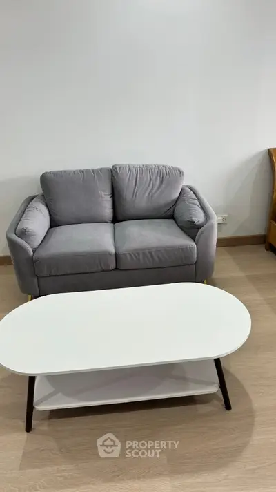 Cozy living room with modern gray sofa and sleek white coffee table