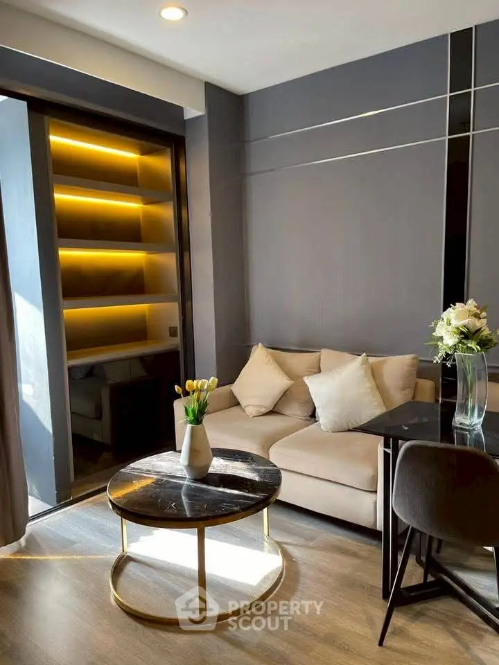 Modern living room with cozy sofa and stylish decor