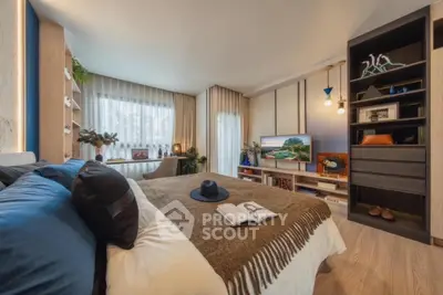 Modern bedroom with stylish decor, large window, and cozy ambiance