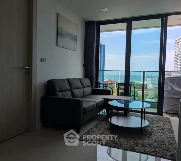 Modern living room with balcony and stunning city view