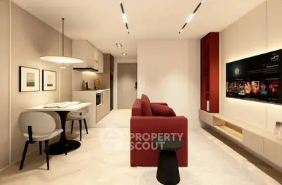 Modern living room with red sofa, dining area, and wall-mounted TV in open-plan apartment.