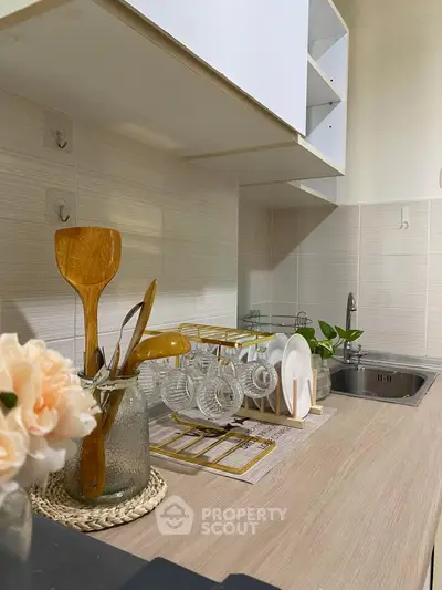Modern kitchen with stylish countertop and dish rack, featuring elegant decor and sleek cabinetry.