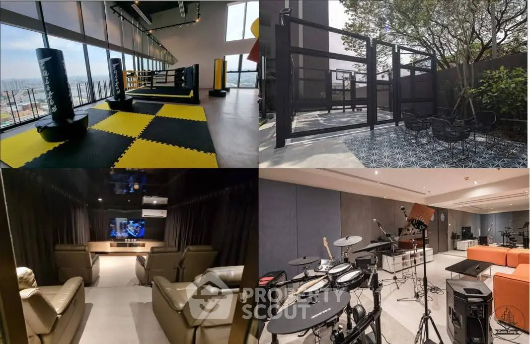 Luxurious amenities in modern apartment complex featuring gym, outdoor seating, theater, and music room.