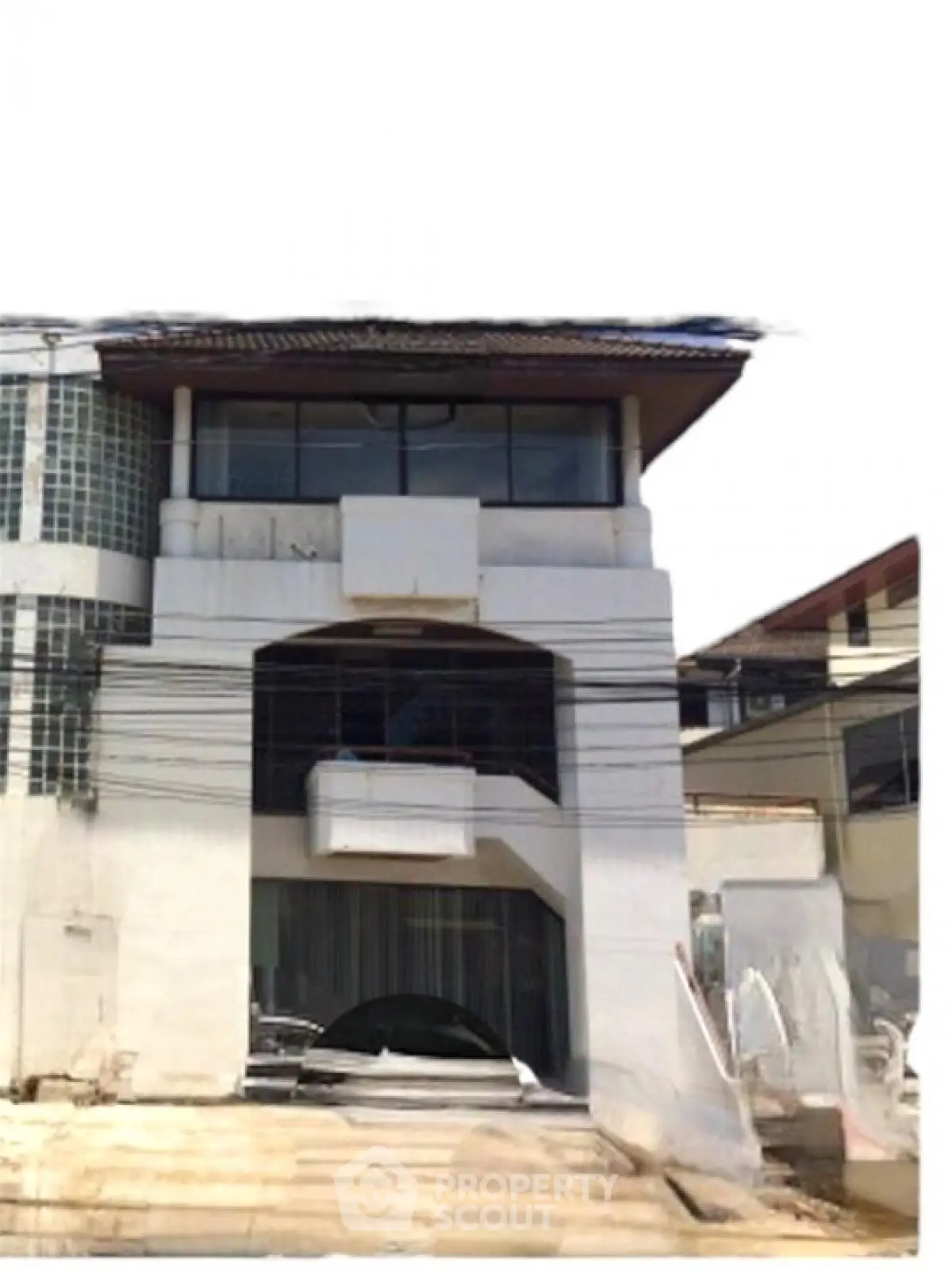 Modern architectural building with unique design and large windows