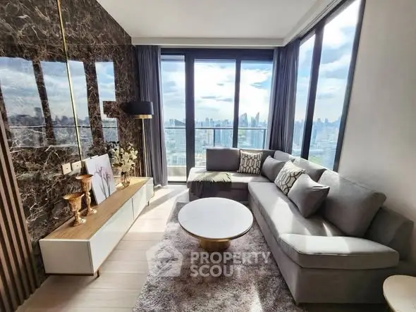 Luxurious living room with stunning city view and elegant decor