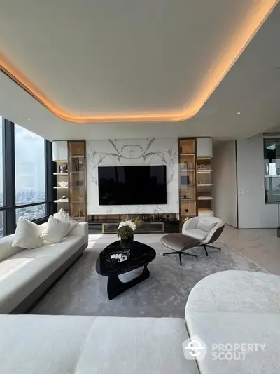 Luxurious modern living room with panoramic city view and elegant decor