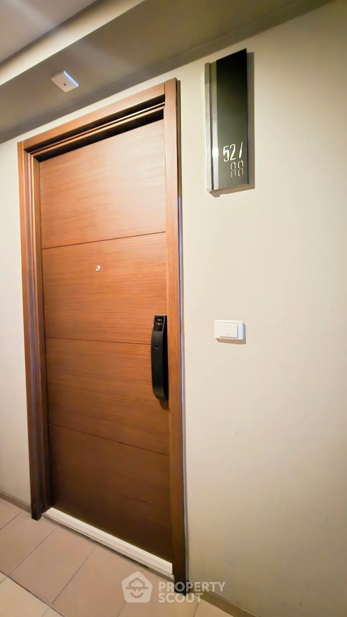 Modern apartment entrance with sleek wooden door and stylish door handle.