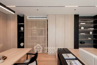 Modern living room with sleek wooden accents and minimalist design