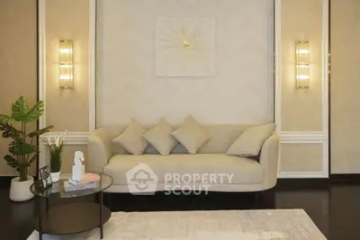 Elegant living room with modern beige sofa, stylish wall decor, and ambient lighting.