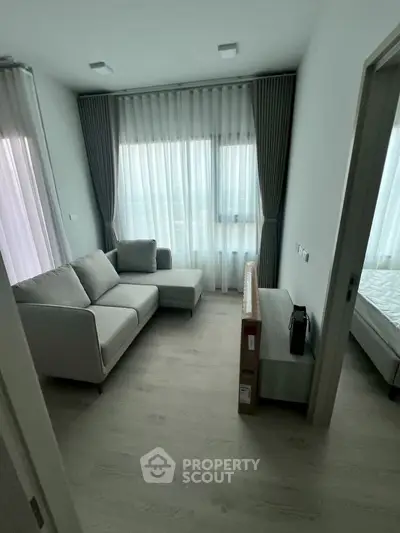 Modern living room with elegant curtains and cozy gray sofa in a bright apartment.