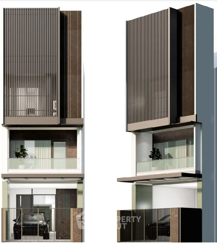 Modern multi-story urban building with sleek facade and integrated garage