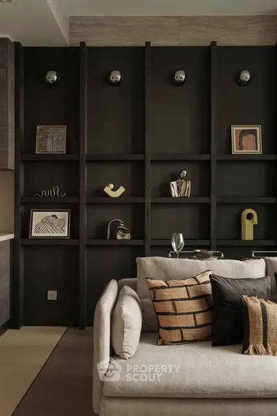 Stylish living room with modern decor and elegant shelving