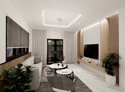 Modern living room with elegant decor and large windows