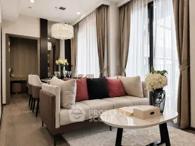 Luxurious living room with elegant decor and large windows in modern apartment