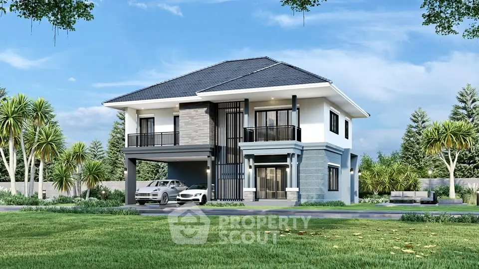 Stunning modern two-story house with sleek design and lush landscaping, featuring a spacious driveway and elegant facade.