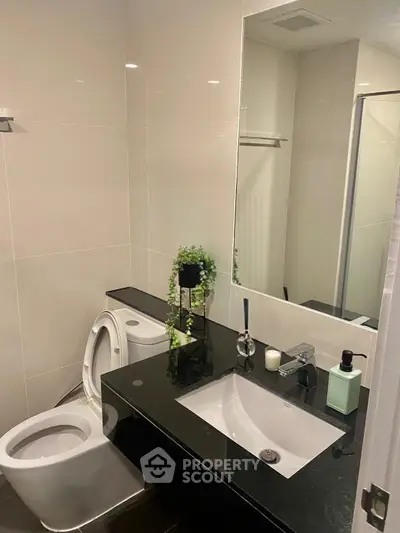 Modern bathroom with sleek black countertop and large mirror