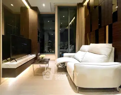 Luxurious modern living room with sleek design and ambient lighting