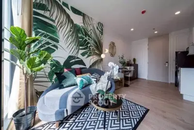 Stylish living room with tropical decor and modern furniture