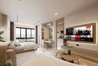 Modern open-plan living room with stylish decor and large TV, featuring a cozy bedroom area and scenic window view.
