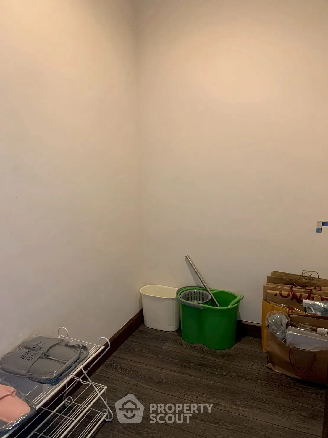 Compact storage room with minimal shelving and cleaning supplies.
